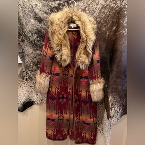 Tasha Polizzi Burgundy Aztec Coat with Faux Fur Trim